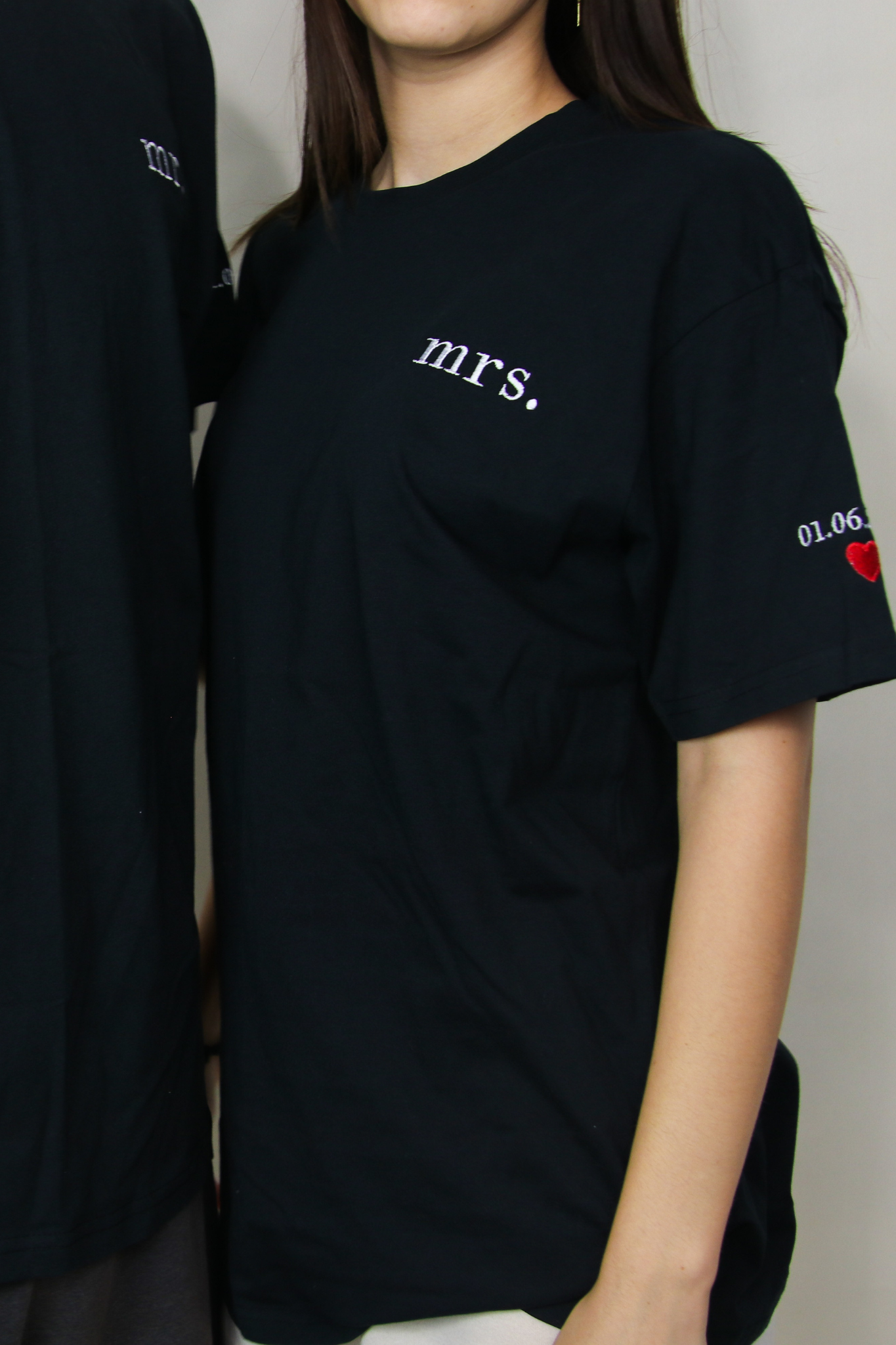 Mr. & Mrs. Embroidered T-Shirt with Custom Date & Heart Design