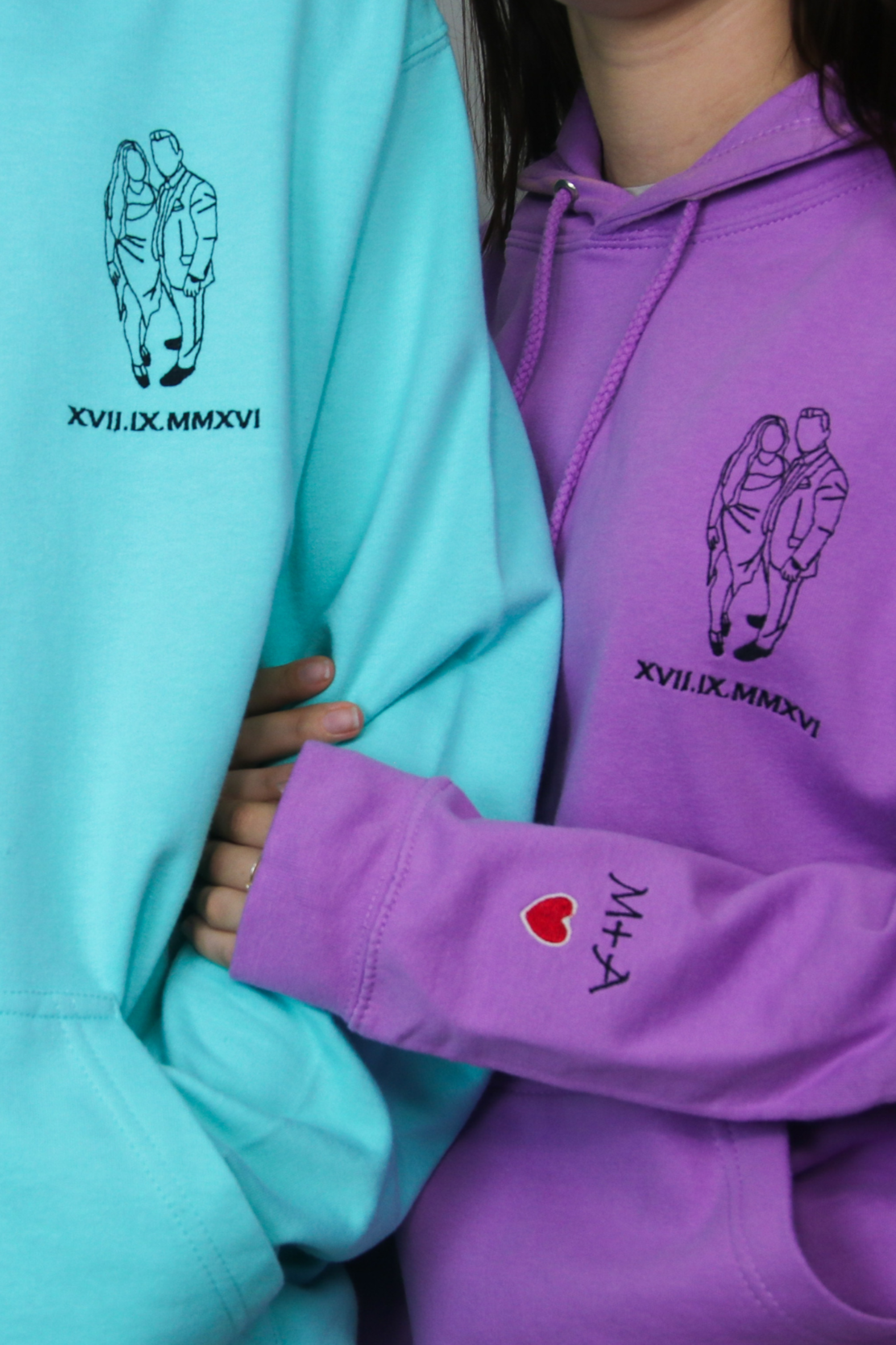 Couples' Custom Hoodies with Embroidered Photo Sketch & Roman Numerals