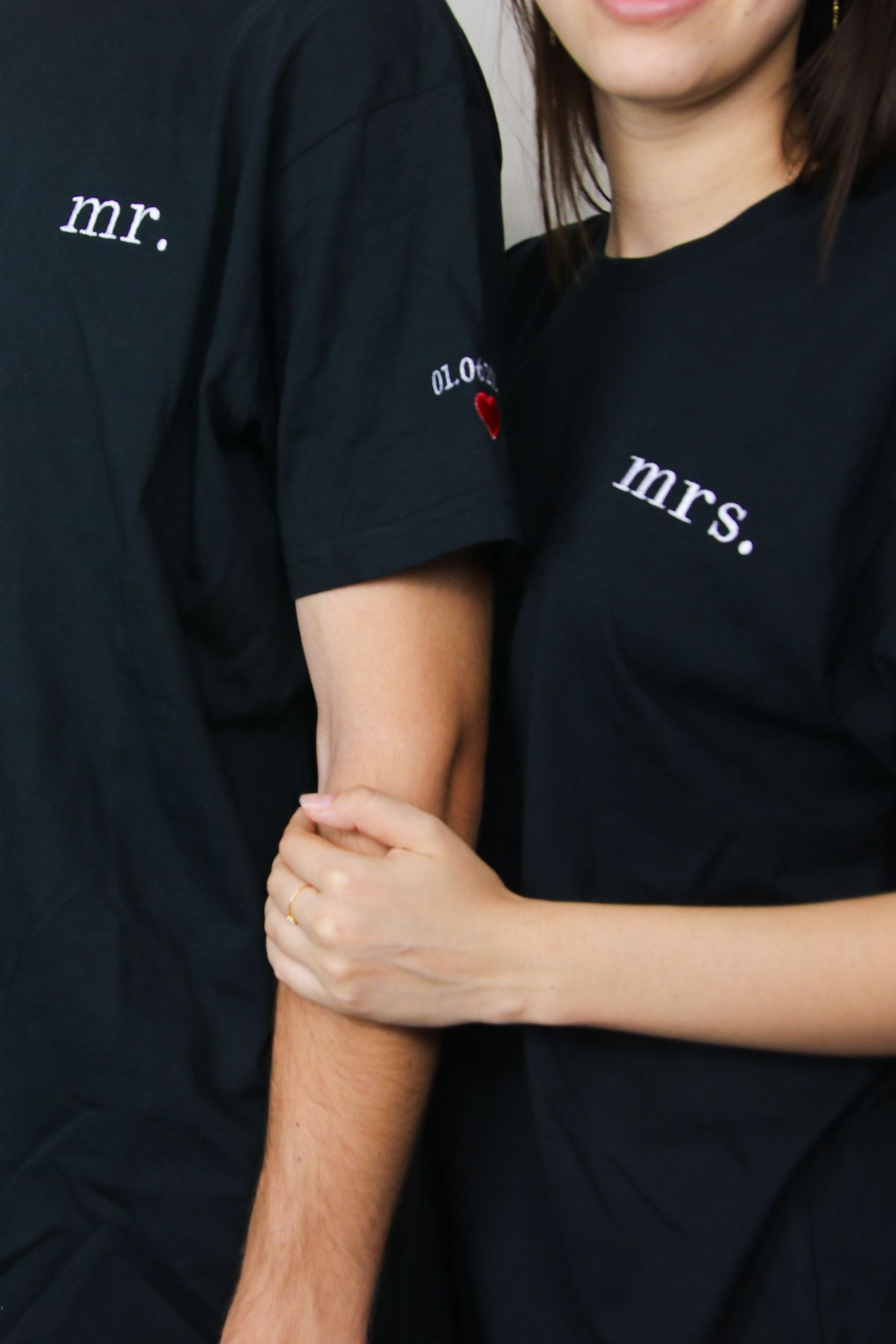 Personalized Mr. & Mrs. Embroidered T-Shirt with Custom Date & Heart Design