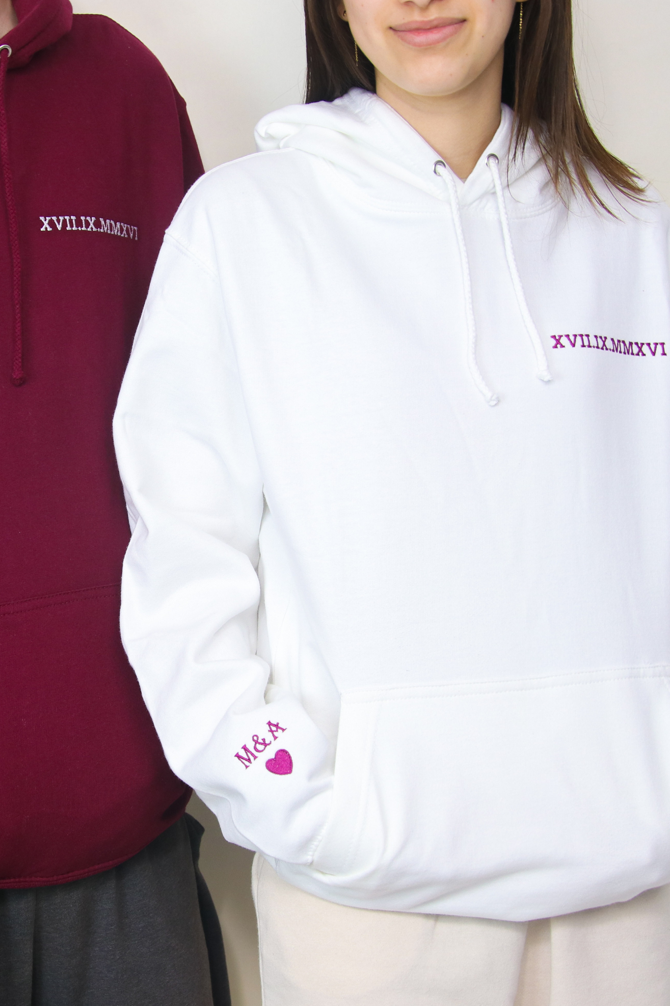 His & Hers Embroidered Hoodies: Roman Numeral Date and Initials with Heart