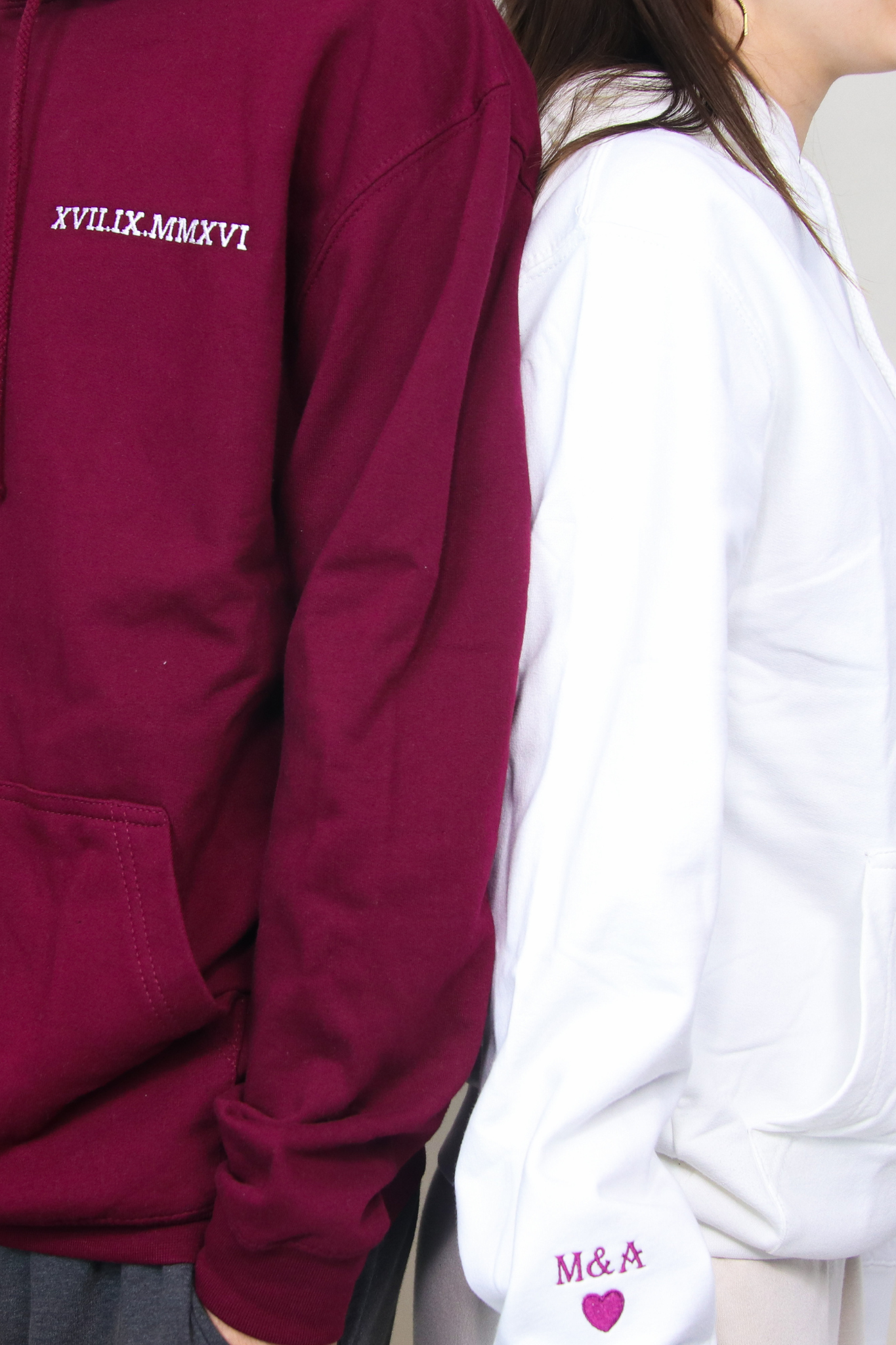 His & Hers Embroidered Hoodies: Roman Numeral Date and Initials with Heart