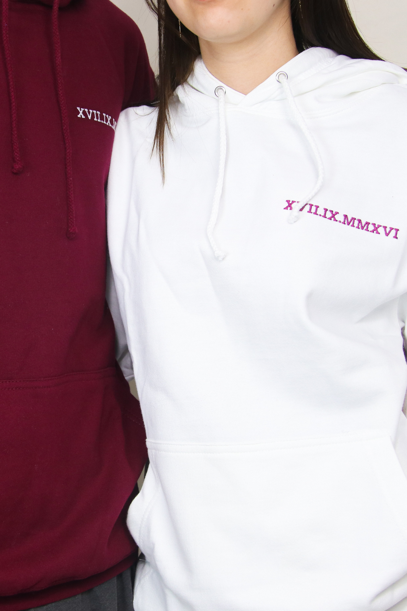 His & Hers Embroidered Hoodies: Roman Numeral Date and Initials with Heart