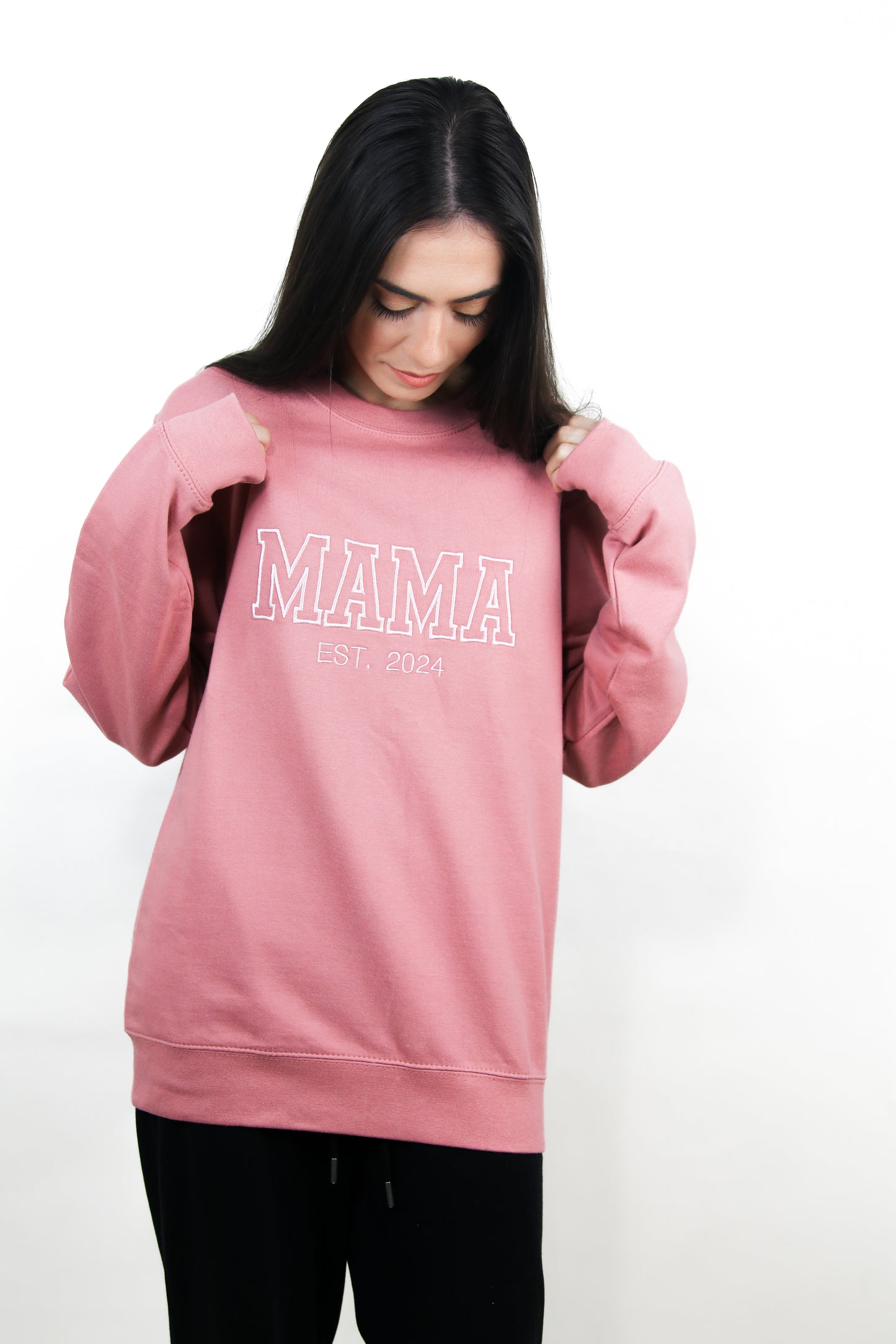 "MAMA" Embroidered Sweatshirt - EST with Sleeve Baby Name Detail, Customizable Embroidery for Women