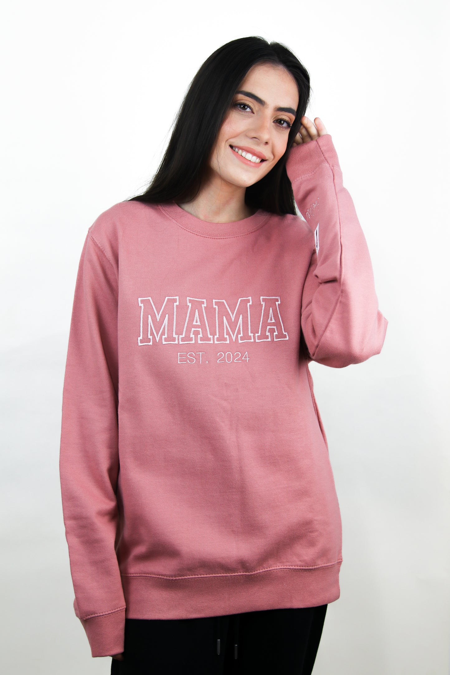 "MAMA" Embroidered Sweatshirt - EST with Sleeve Baby Name Detail, Customizable Embroidery for Women