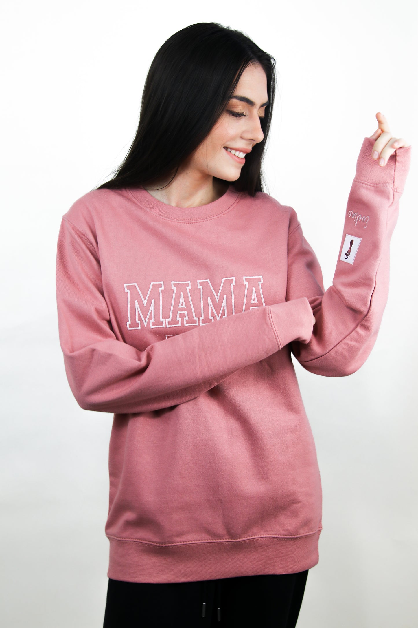 "MAMA" Embroidered Sweatshirt - EST with Sleeve Baby Name Detail, Customizable Embroidery for Women