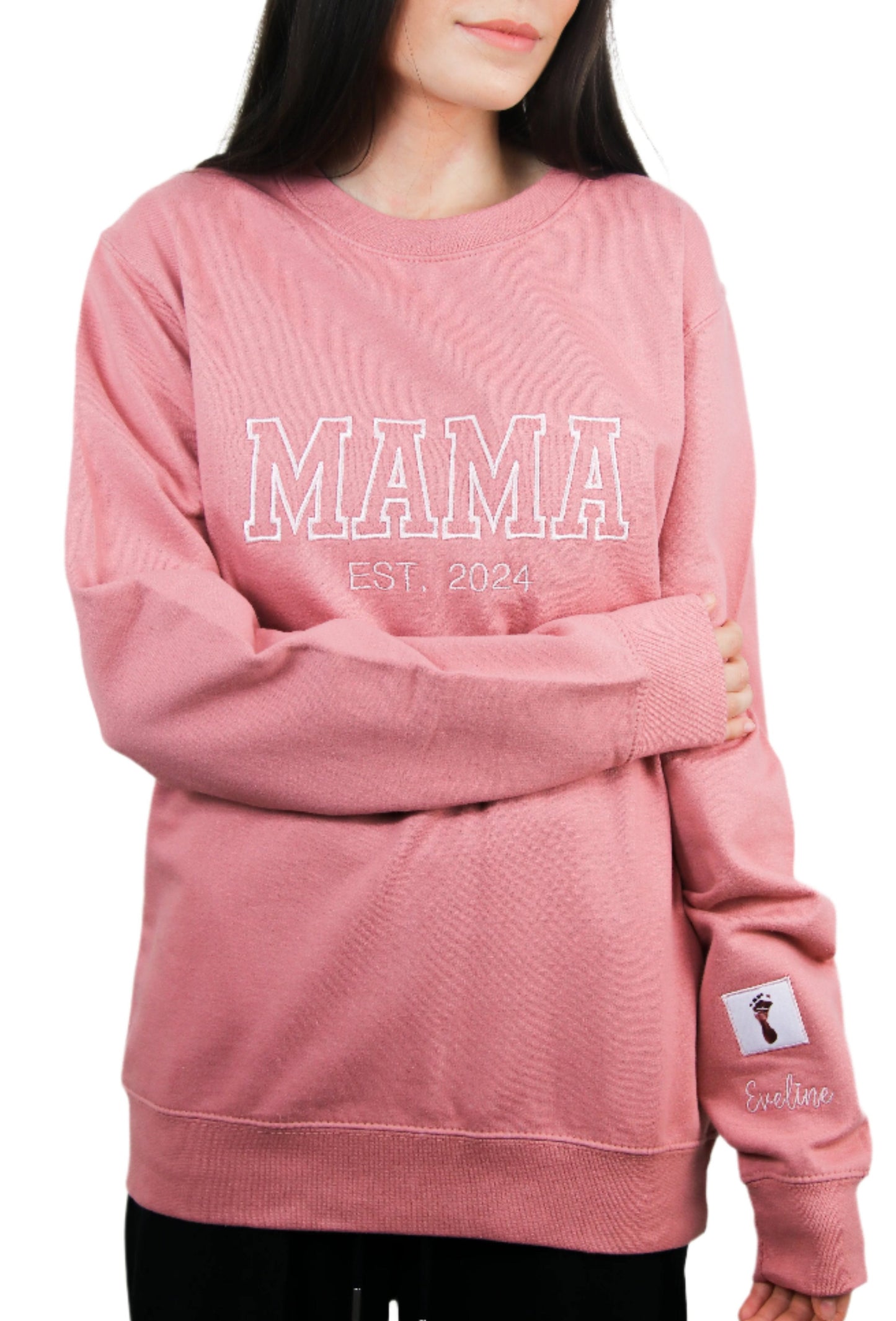 "MAMA" Embroidered Sweatshirt - EST with Sleeve Baby Name Detail, Customizable Embroidery for Women