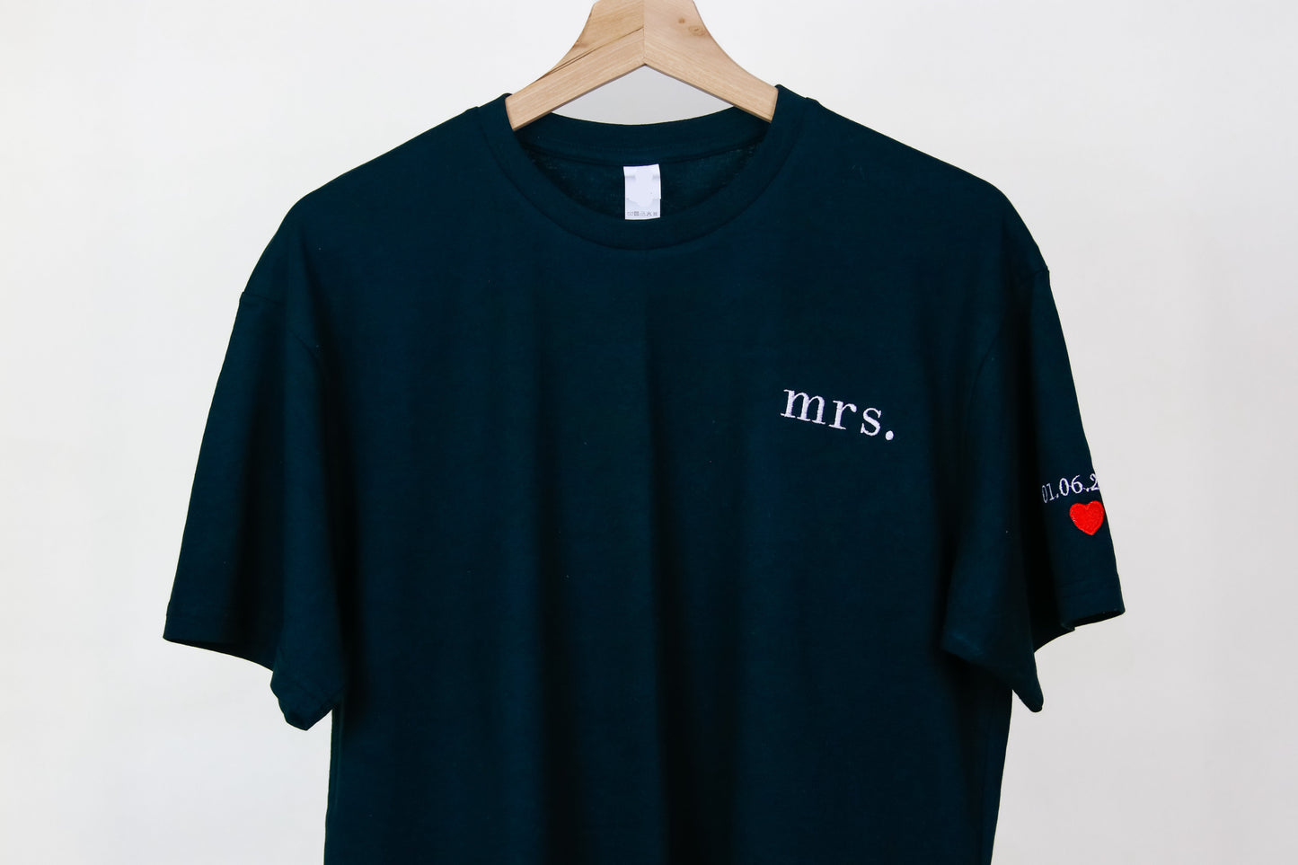 Personalized Mr. & Mrs. Embroidered T-Shirt with Custom Date & Heart Design