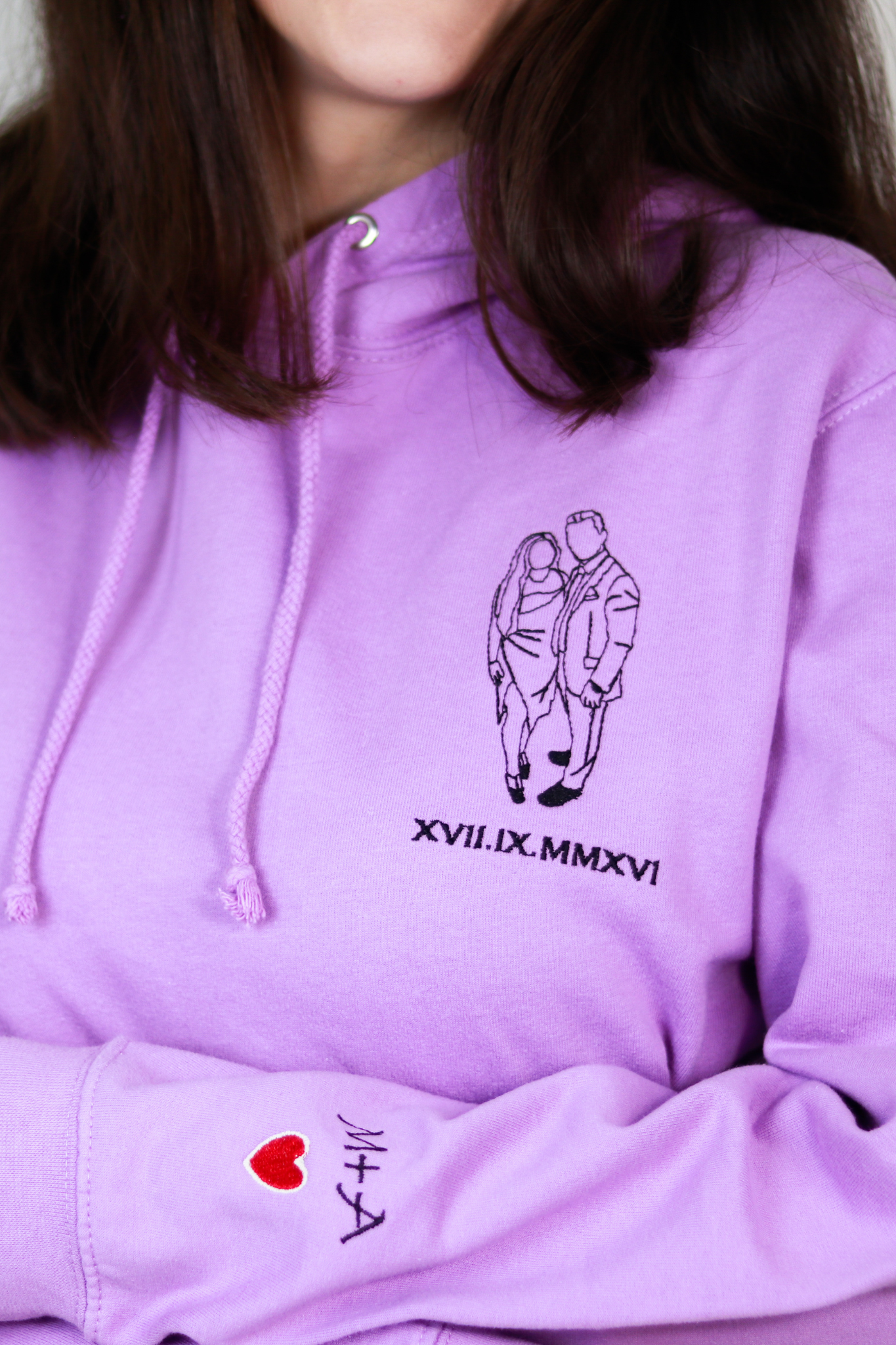 Couples' Custom Hoodies with Embroidered Photo Sketch & Roman Numerals