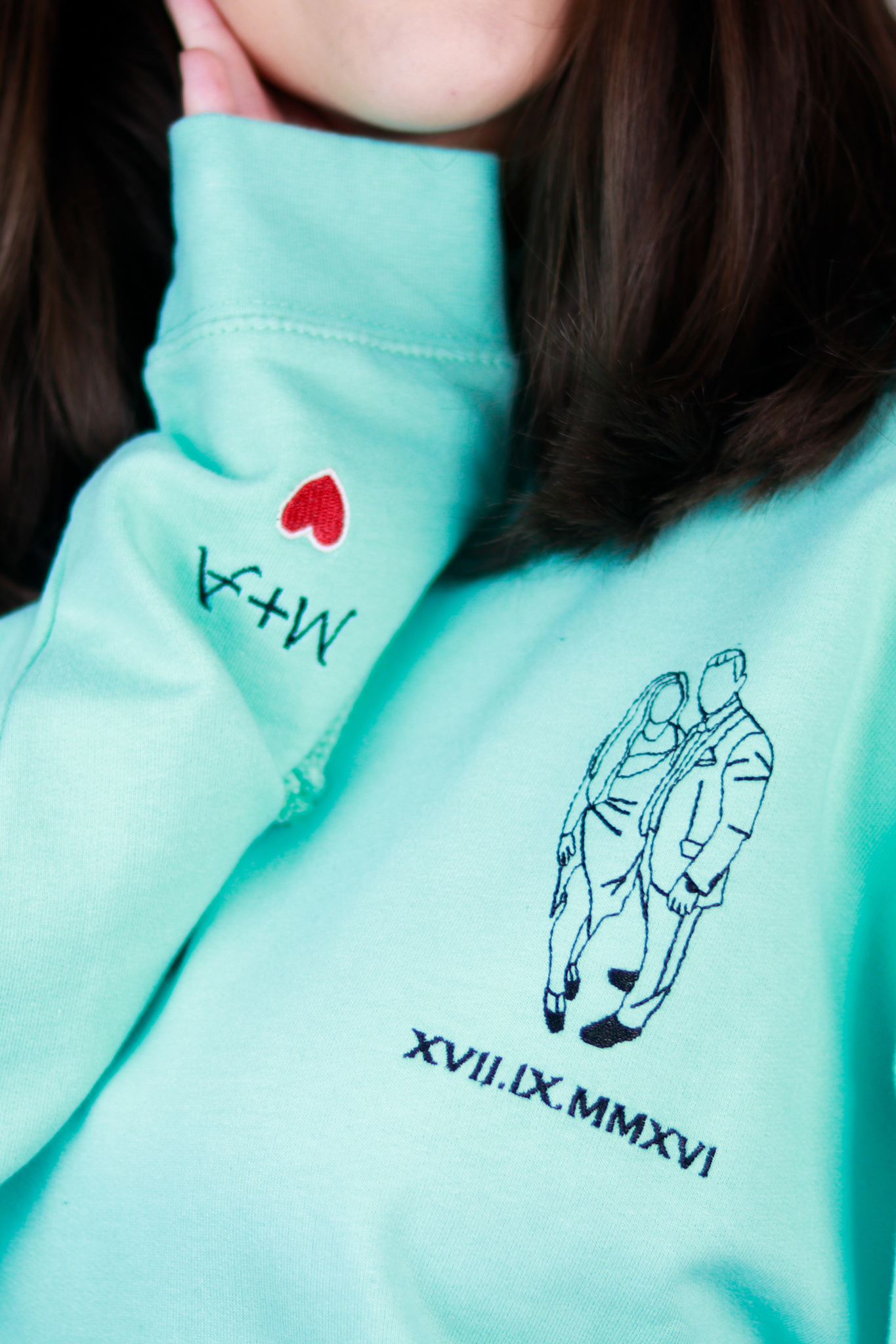 Couples' Custom Hoodies with Embroidered Photo Sketch & Roman Numerals